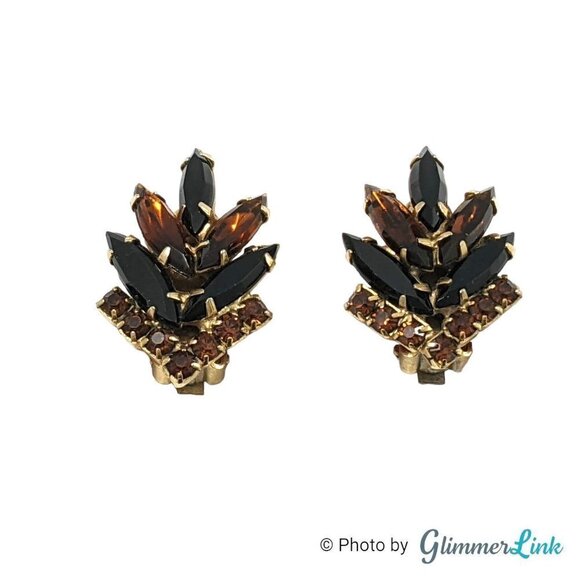 Vintage Brown Black Navette Chevron Gold Tone Clip On Earrings - Picture 4 of 9